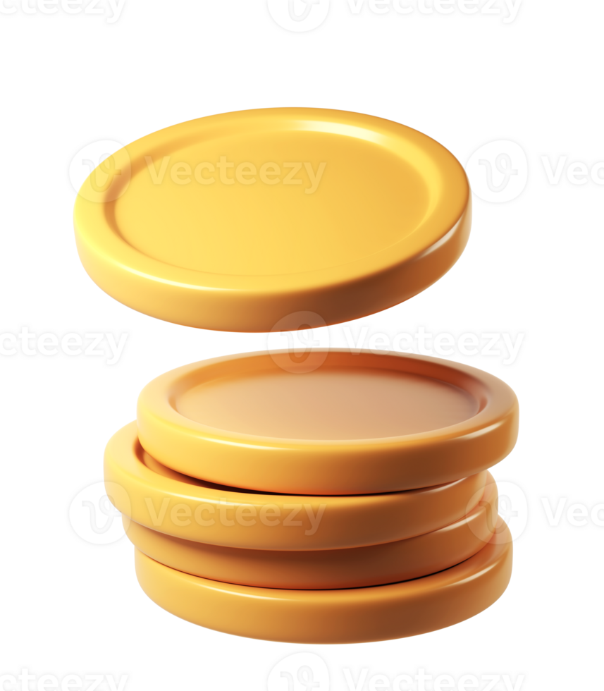 3d finance rendering icon of a stack background, shiny gold coins leaning against a transparent of perfect for investment concept png