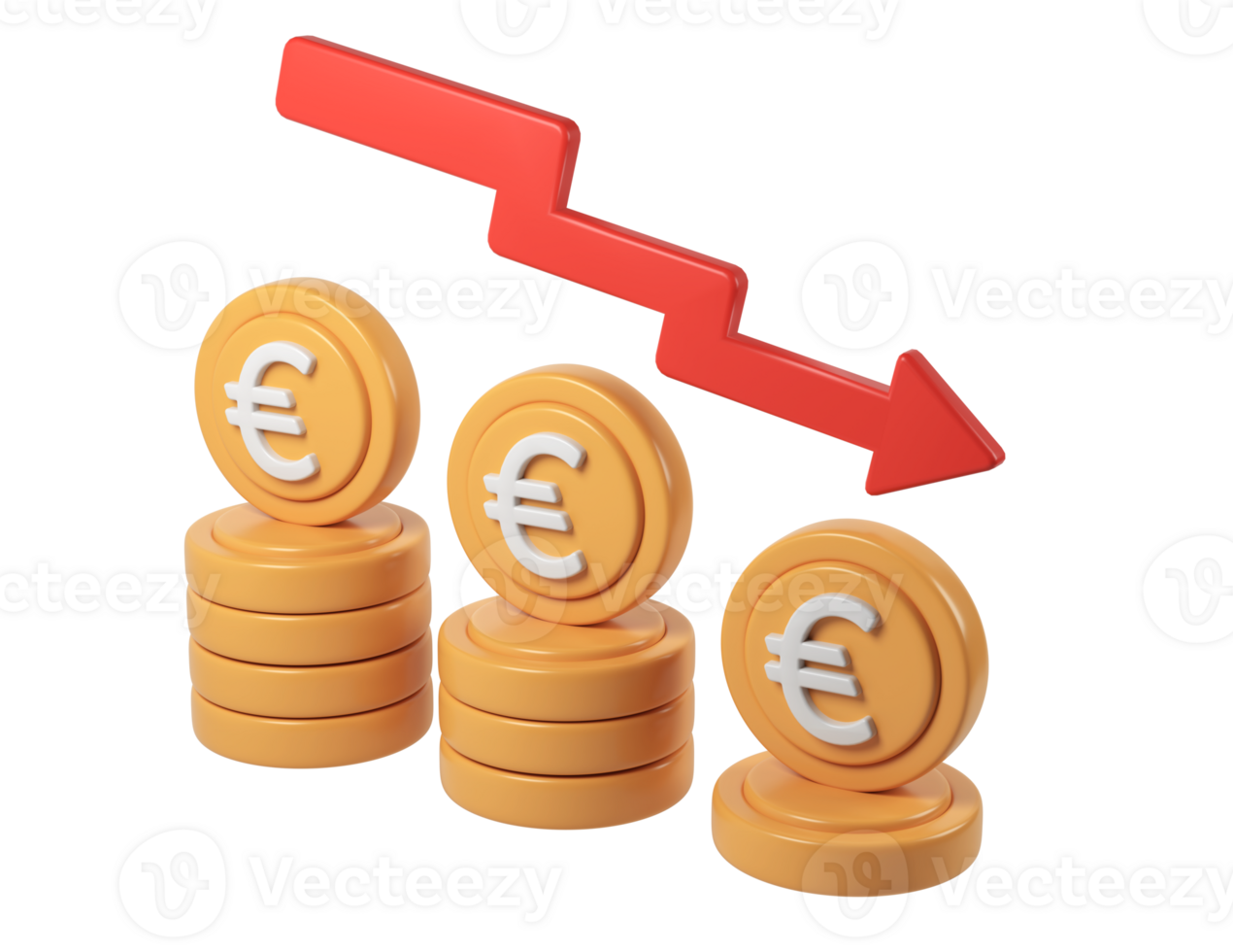 3d representing icon coins of declining euro render and descending Stacks arrow red financial crisis, with transparent background png