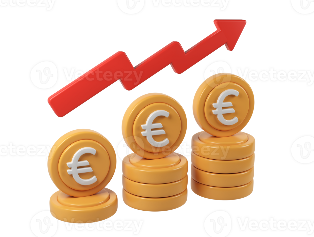 3d render icon Euro growth stacks climbing beside red upward arrow, backdrop financial coin and investment success against transparent symbolizing png