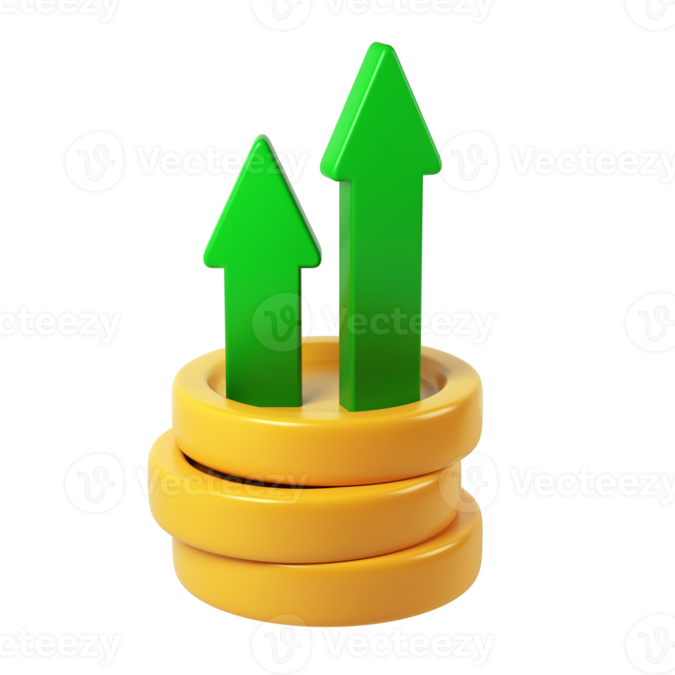 icon Green arrows rising from golden coin stack, representing financial growth, investment performance, digital 3d rendering against transparent background png