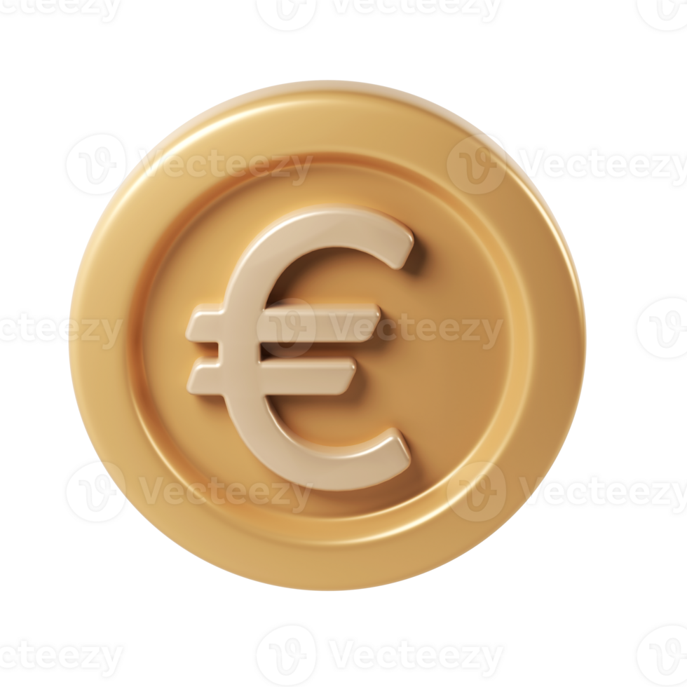 Golden 3d render icon financial coin spinning, metallic design gleaming, digital surface with transparent backdrop for euro graphic rendering png