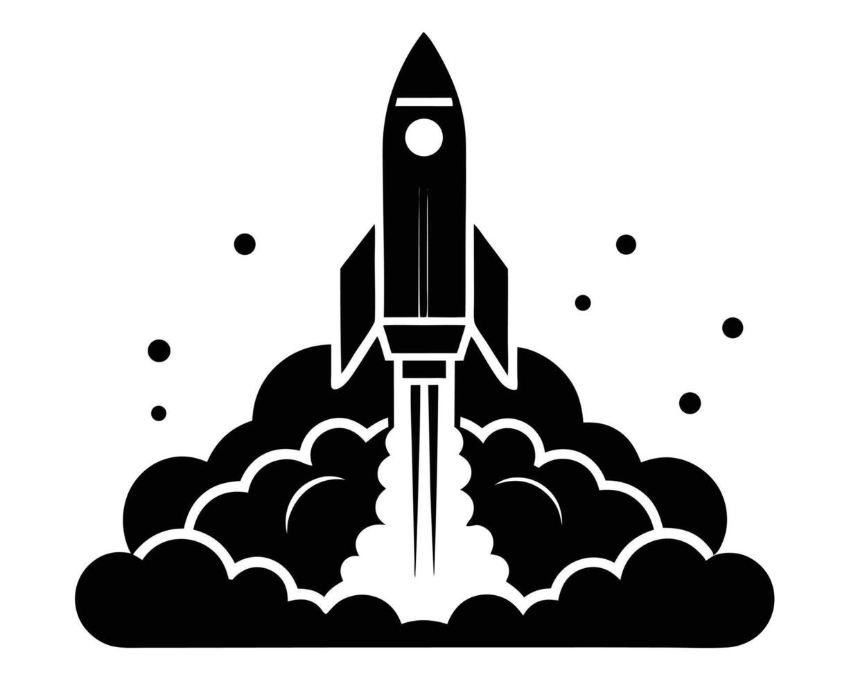 Black and white illustration of a retro rocket launching into space with smoke and dots. vector