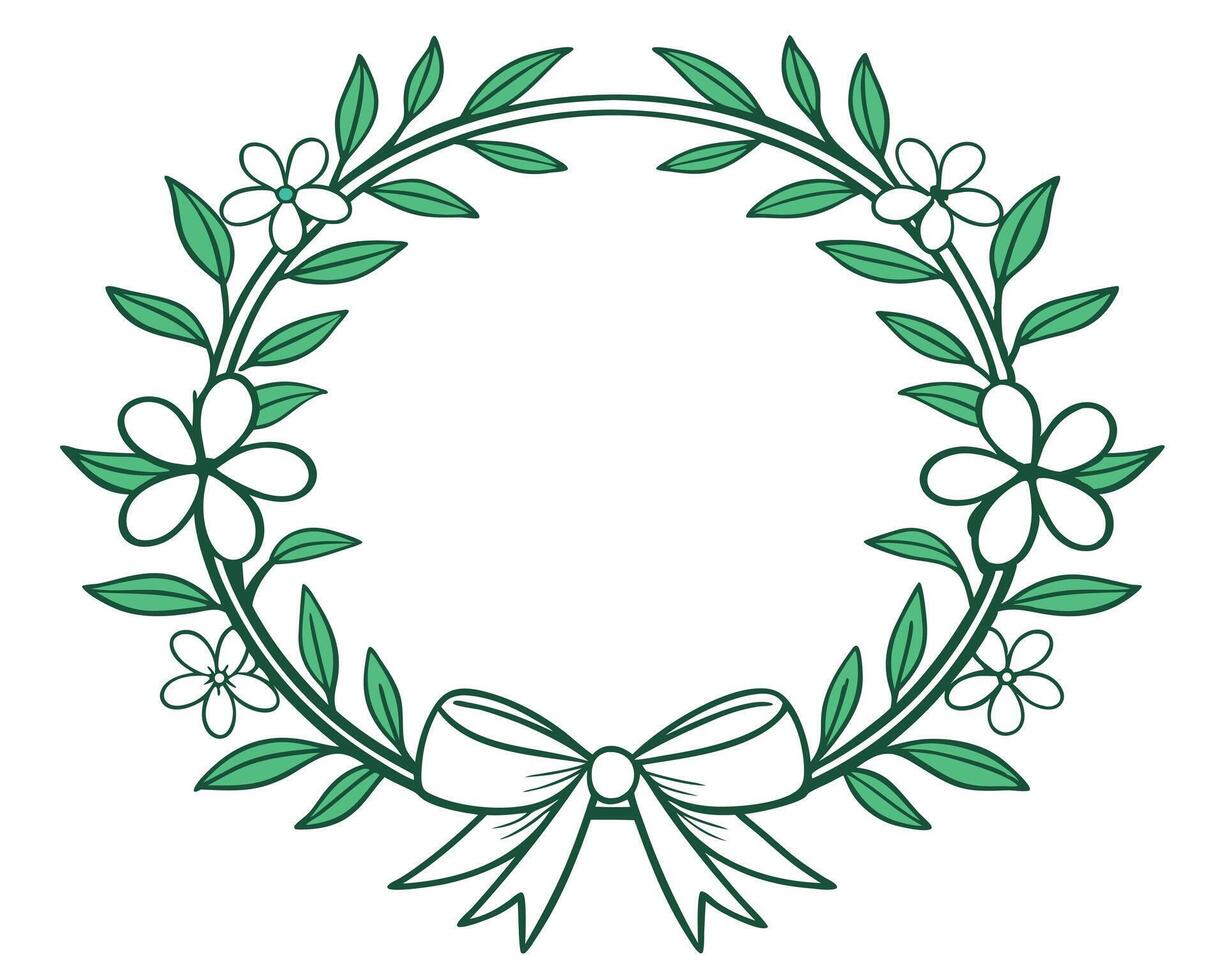 Elegant floral wreath design featuring delicate white flowers green leaves and a stylish ribbon bow element. vector