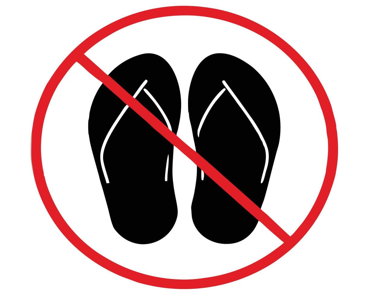 Prohibition sign indicating no flip flops allowed featuring two black sandals in a red circle vector