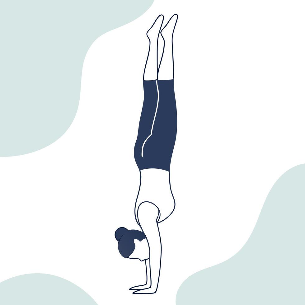 Simple line art illustration of a woman demonstrating a handstand yoga pose in a studio setting. vector