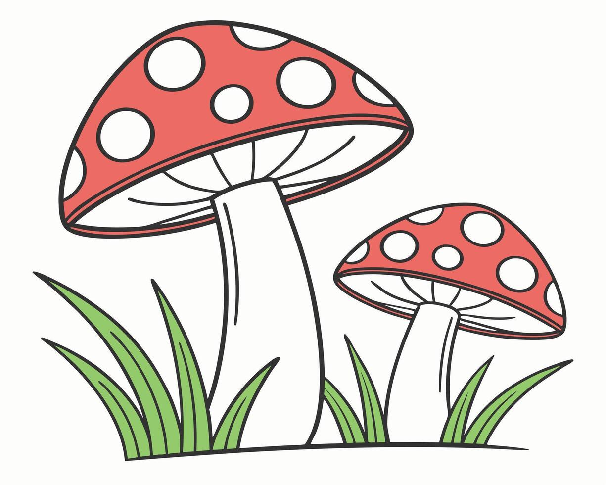 Illustration of two red mushrooms with white dots in green grass isolated on white background vector