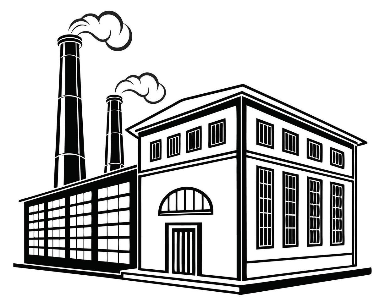 Industrial factory building in silhouette with two chimneys and white smoke emissions vector