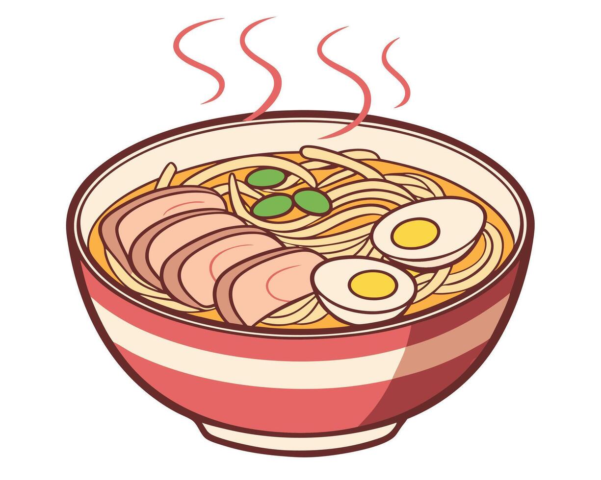 Delicious illustration of traditional japanese ramen soup bowl featuring eggs and sliced meat with steam vector