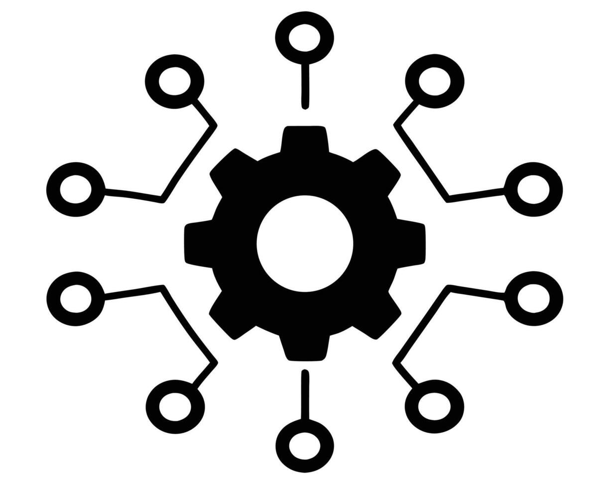 Gear icon surrounded by circular nodes representing connectivity and technology concepts vector