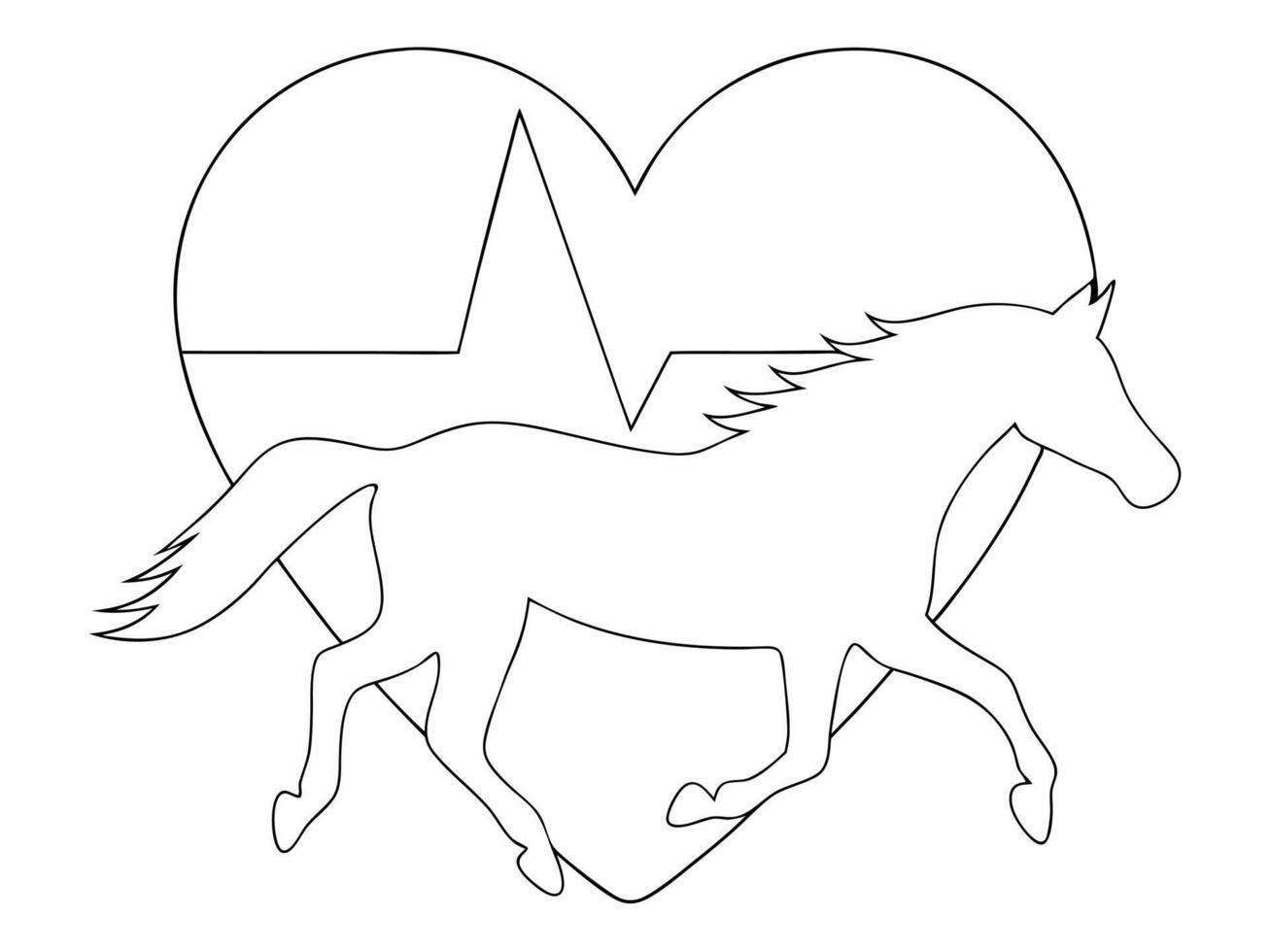 Silhouette of a galloping horse within a heart symbol overlaid with a heartbeat graphic art vector