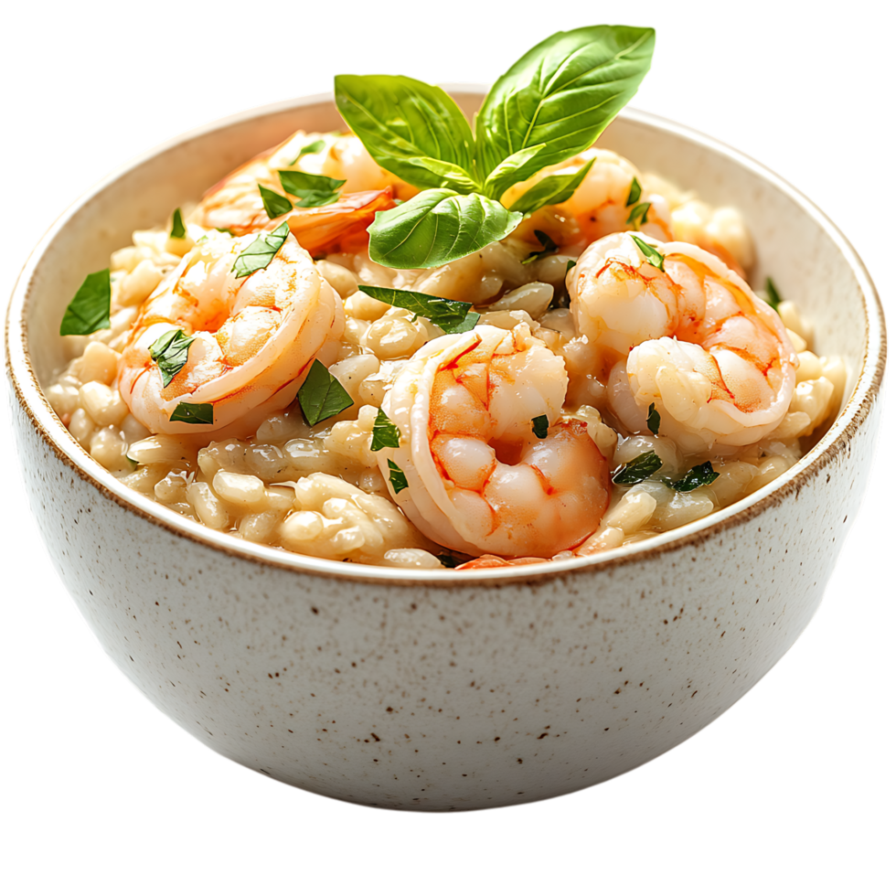 Delicious shrimp risotto in a bowl isolated on a transparent background png