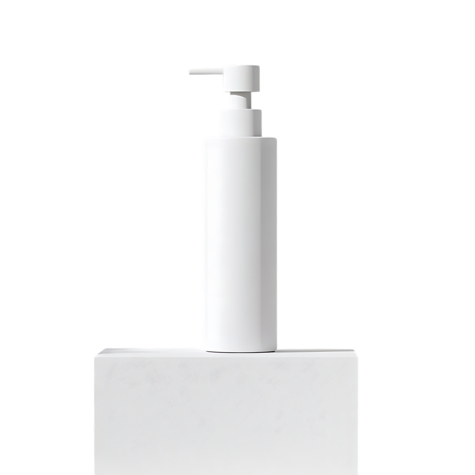 White pump bottle mockup on white platform isolated on transparent background png