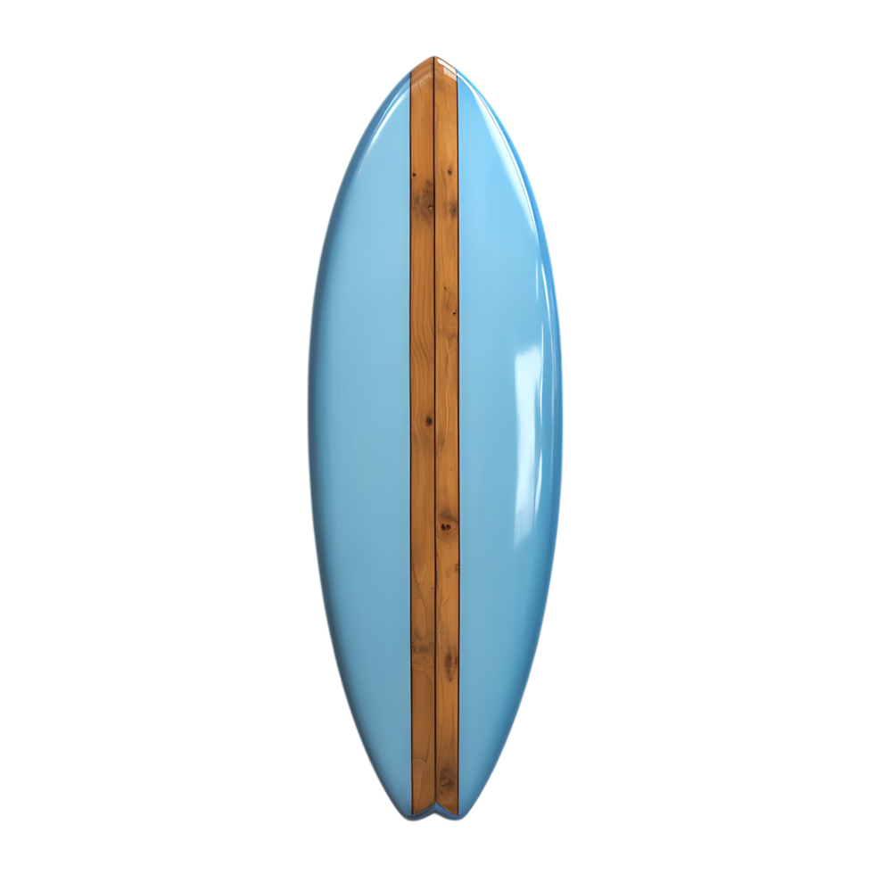 Light blue surfboard with wooden center stripe isolated on transparent background png