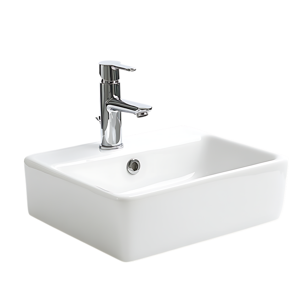 Modern white rectangular bathroom sink with chrome faucet isolated on transparent background png