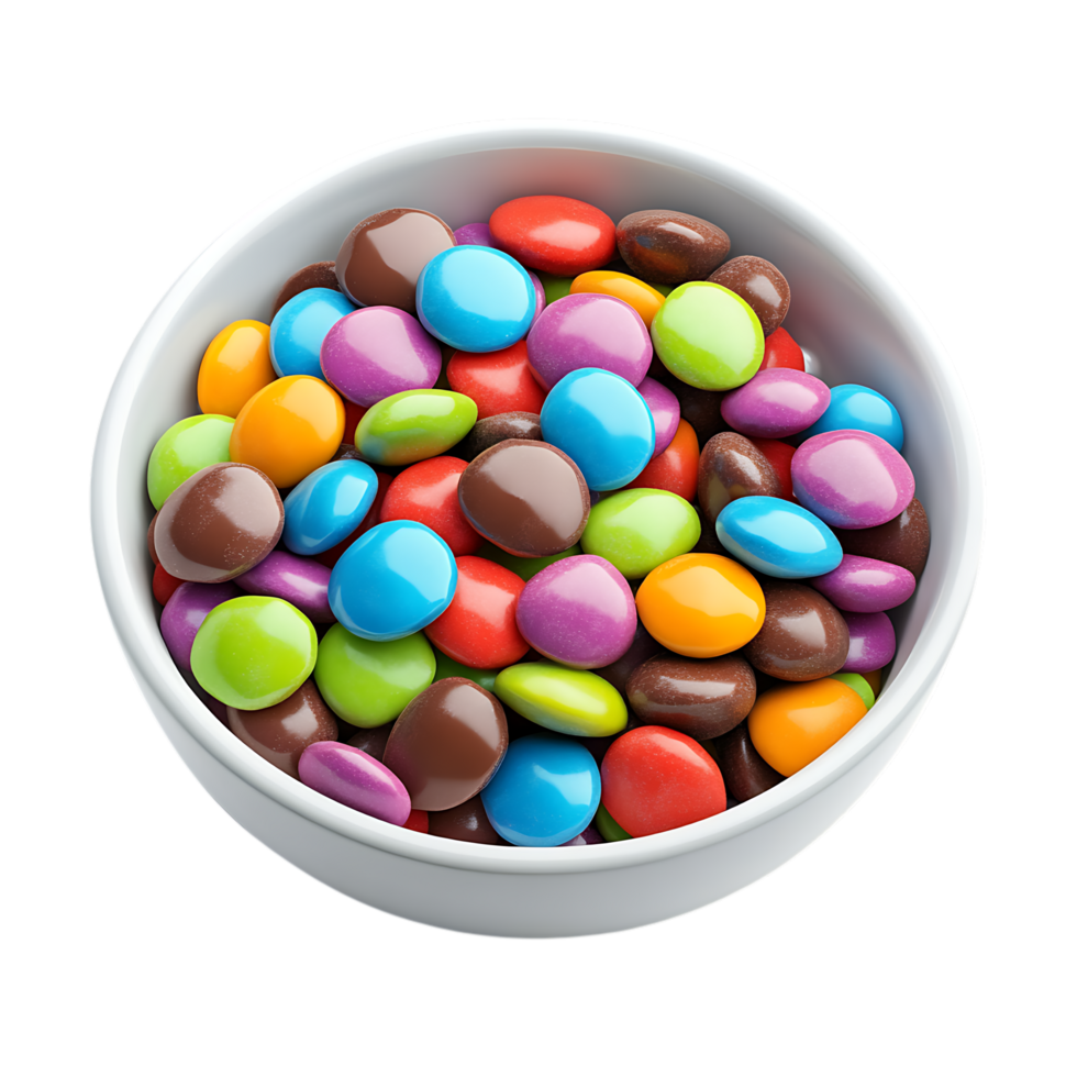 Colorful candy coated chocolate candies in a bowl isolated on transparent background png