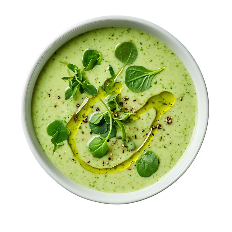 Delicious green cream soup garnish isolated on transparent background png