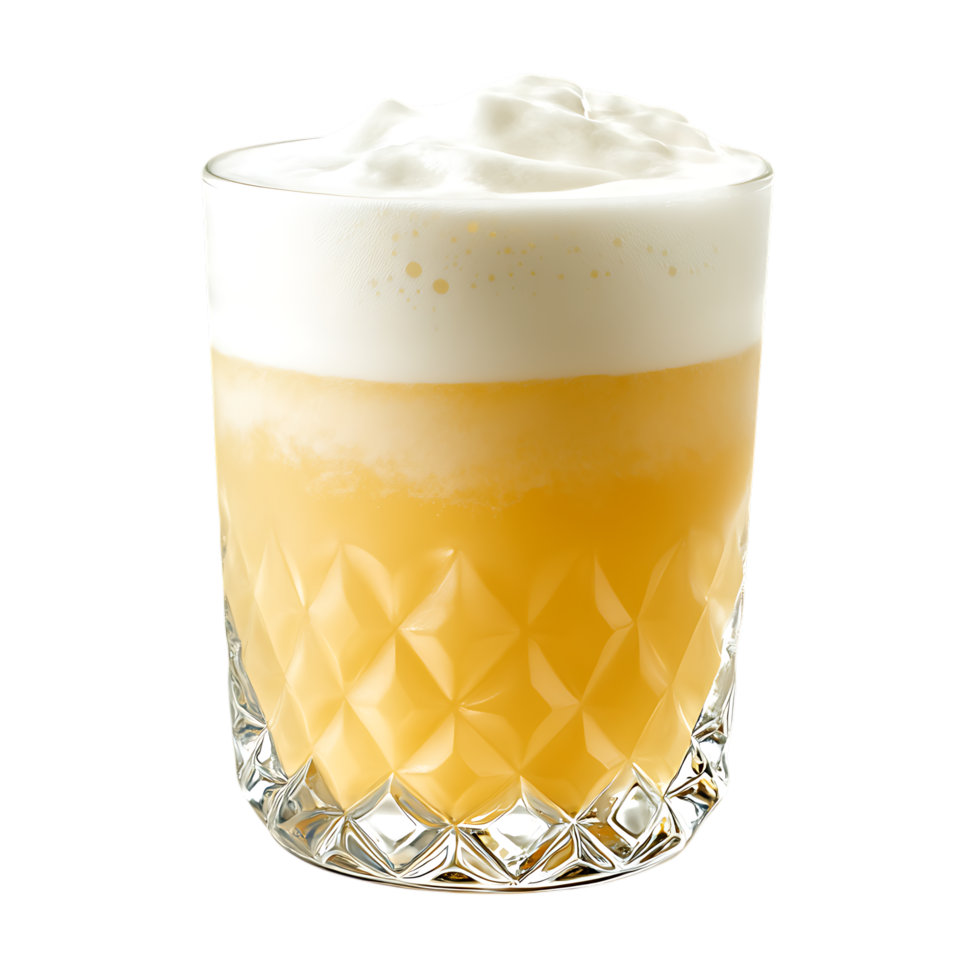 Yellow cocktail in crystal rocks glass with whipped cream topping isolated on transparent background png