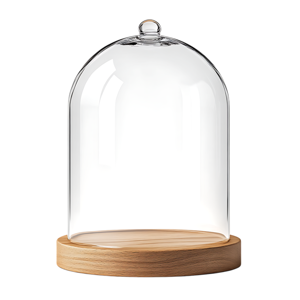 Empty glass cloche with wooden base isolated on transparent background png
