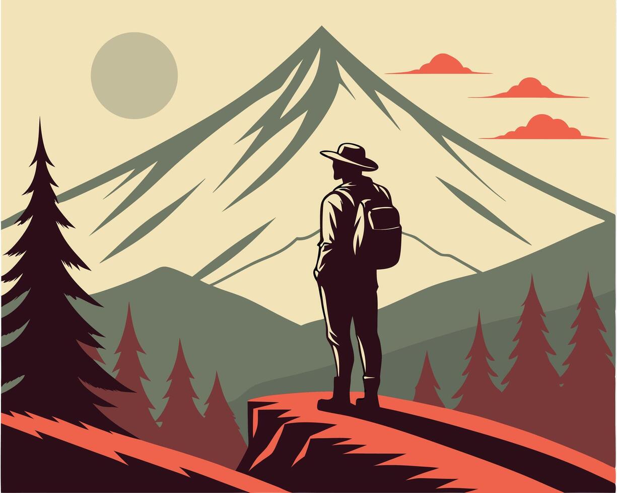Adventurer standing on a cliff observing mountains and trees during a sunset or sunrise vector