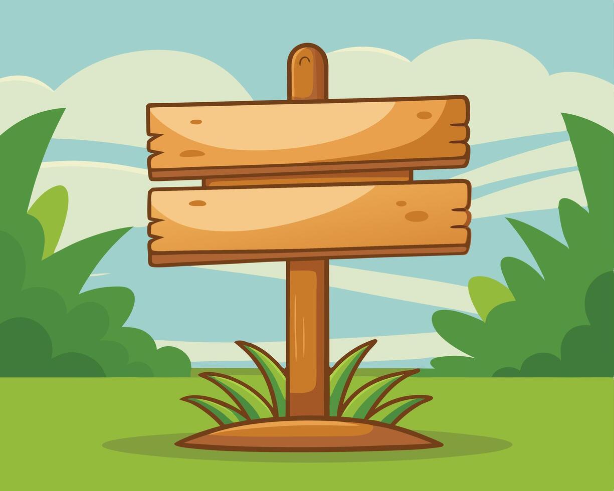 Cartoon wooden signpost in a grassy landscape with blue sky and fluffy white clouds vector