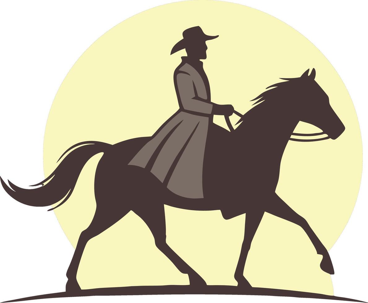 illustration of a silhouette of a cowboy riding a horse against a soft yellow circle background vector