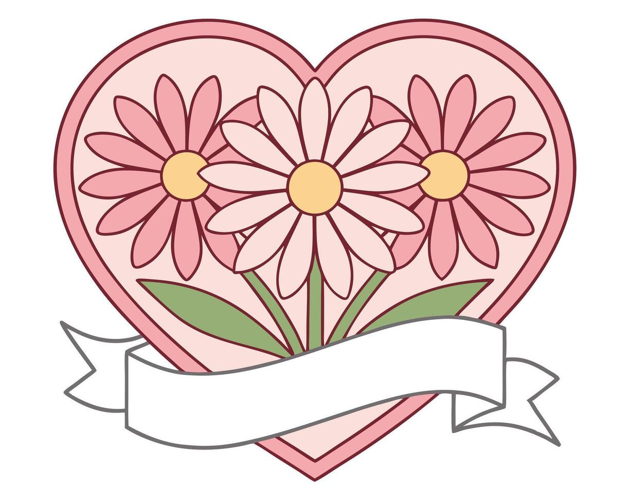 Charming floral heart design featuring daisy flowers and a customizable white banner vector