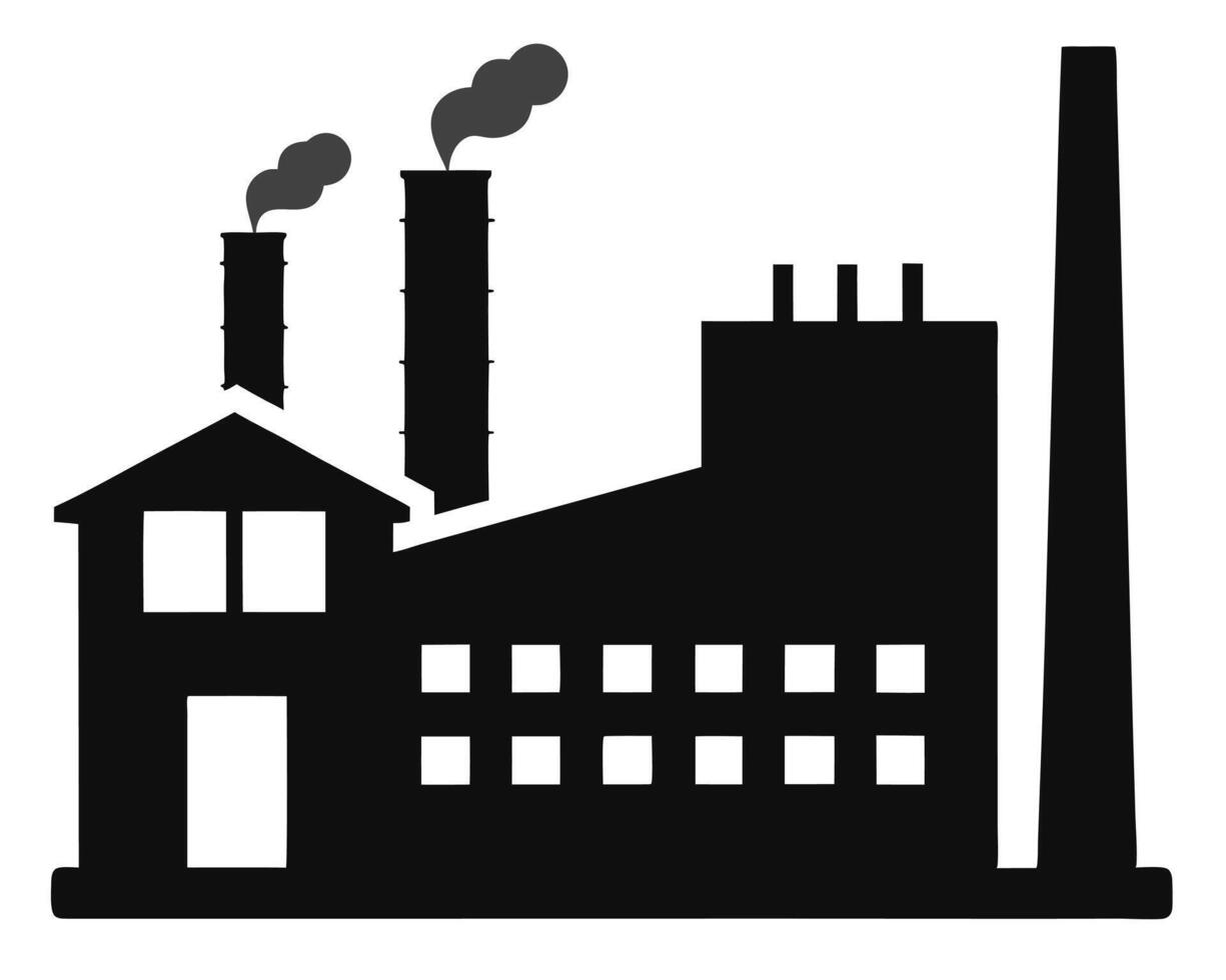 Black silhouette illustration of an industrial factory with smoke stacks and environmental pollution vector