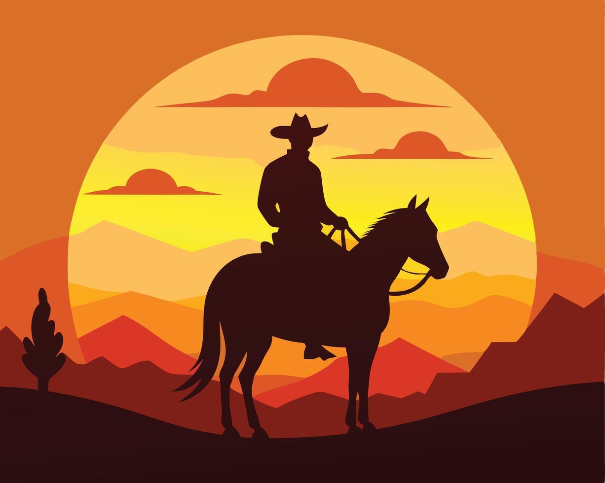 Silhouette of a cowboy riding a horse silhouetted against a sunset western landscape design vector
