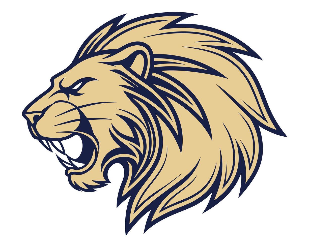 Powerful illustration of a roaring lion head in gold and navy blue design vector