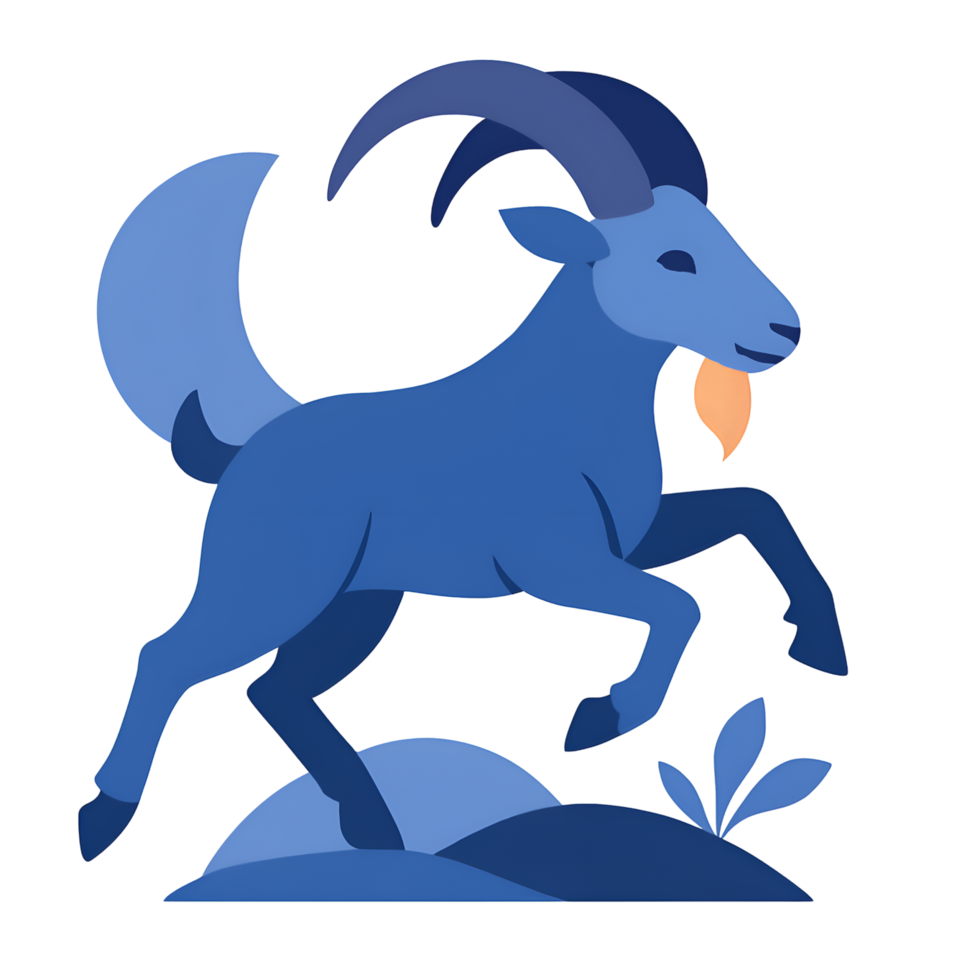 Stylized Blue Goat Standing on Hill with Plant in Transparent Background png