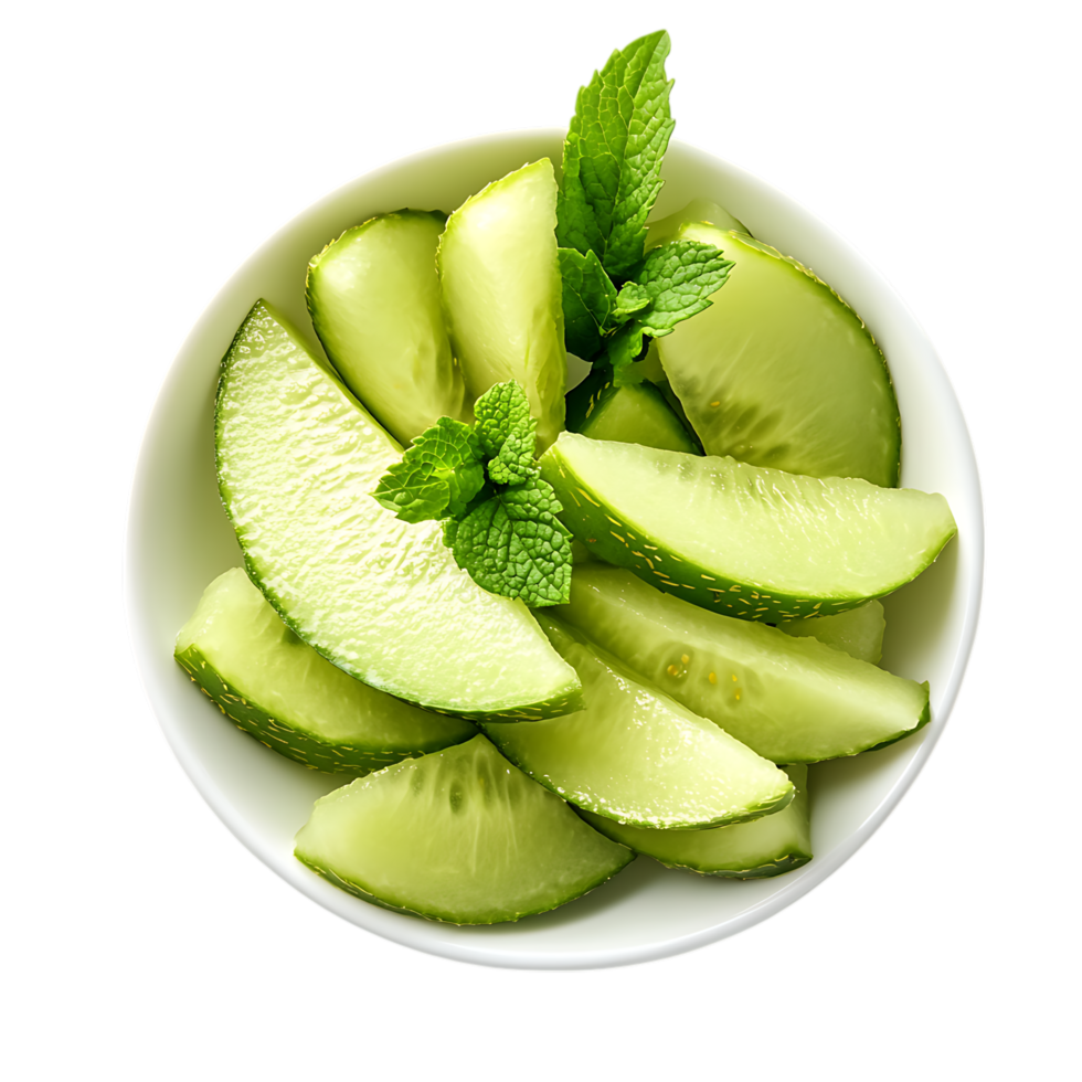 Fresh cucumber slices with mint in a bowl isolated on transparent background png