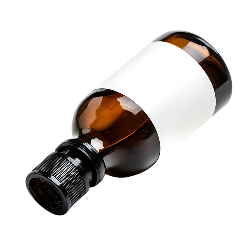 Amber glass bottle with blank white label isolated on transparent background png