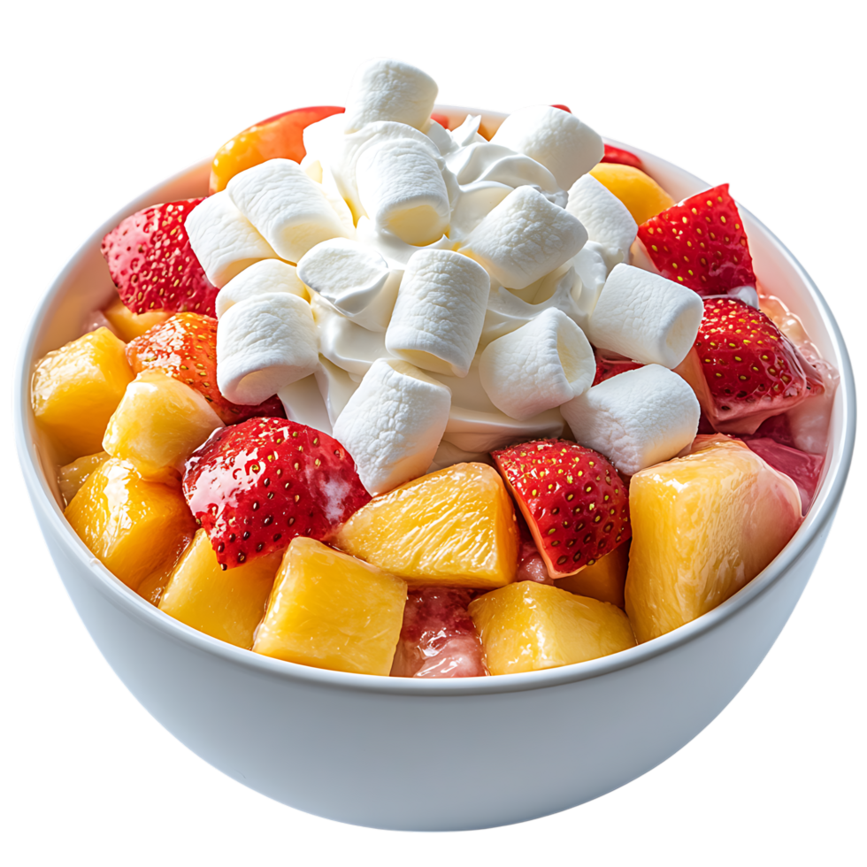 Delicious fruit salad with whipped cream and marshmallows isolated on transparent background png