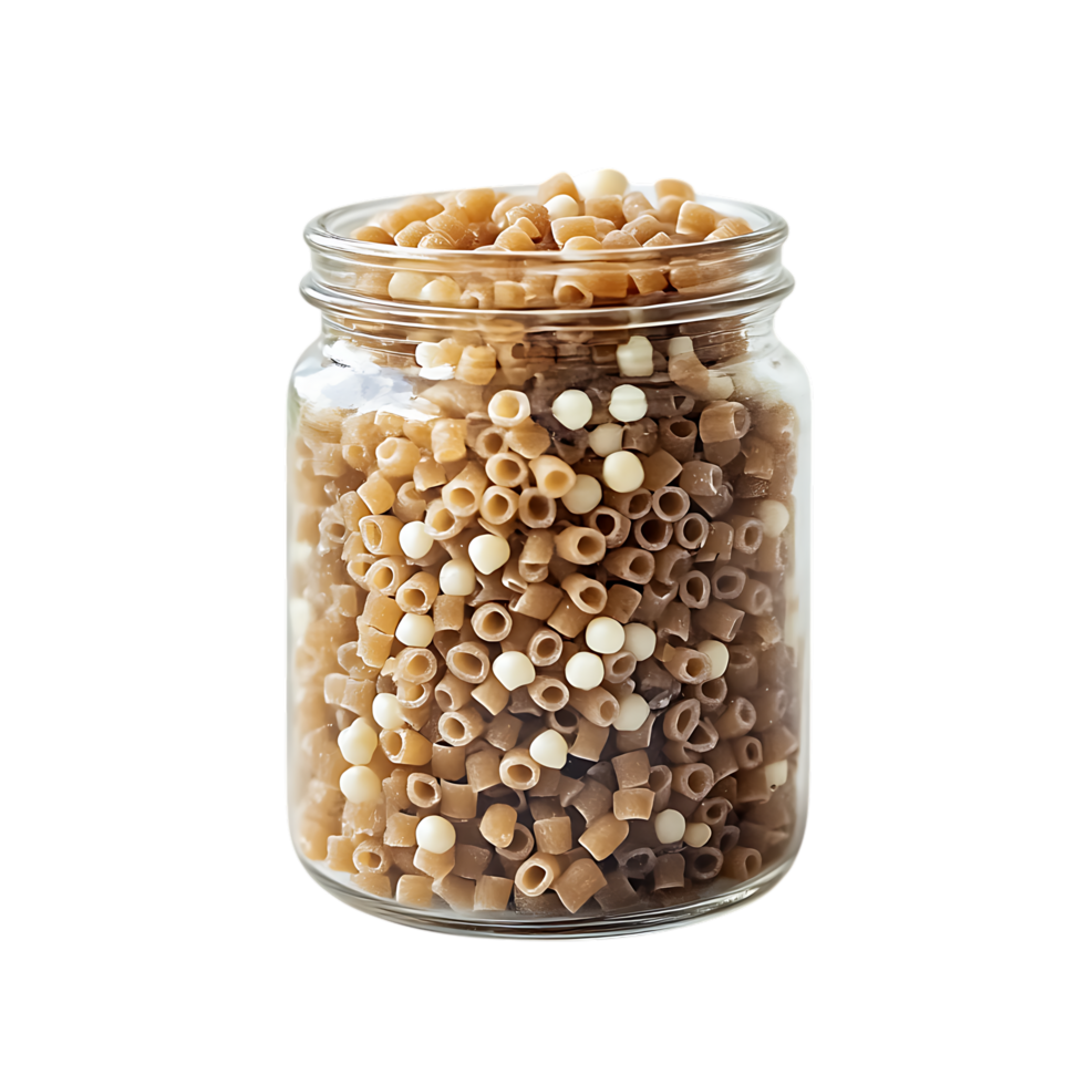 Glass jar of elbow macaroni and white beads isolated on transparent background png