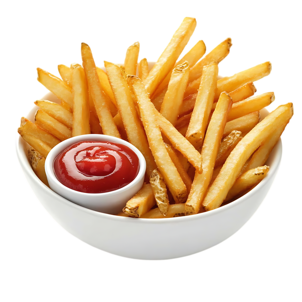 French fries and ketchup in a bowl isolated on transparent background png