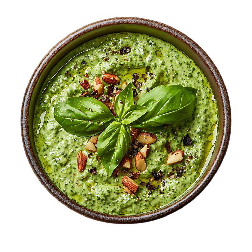 Delicious green pesto in bowl with almonds and basil isolated on transparent background png