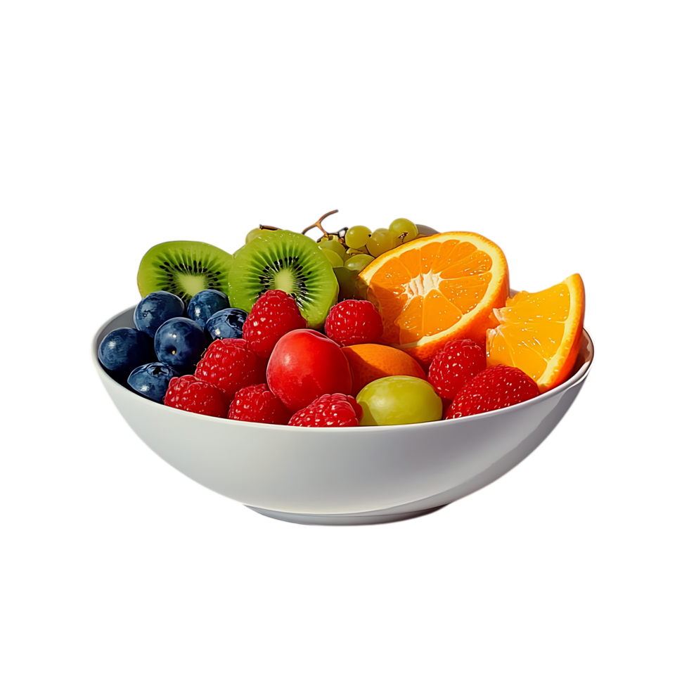 Fresh fruit salad in white bowl isolated on transparent background png