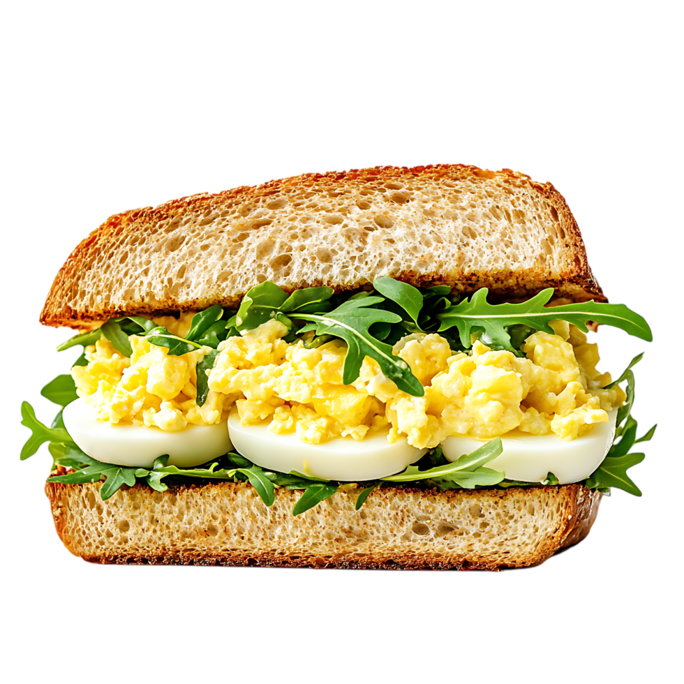 Delicious scrambled egg and hard boiled egg sandwich isolated on transparent background png