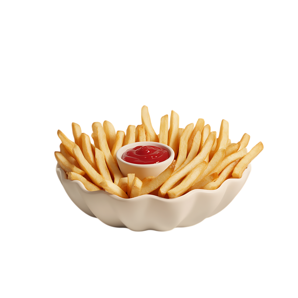French fries in a bowl with ketchup isolated on a a transparent background png