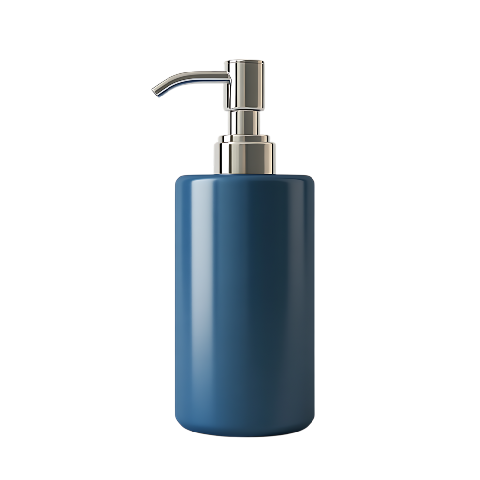 Blue soap dispenser bottle with silver pump isolated on transparent background png