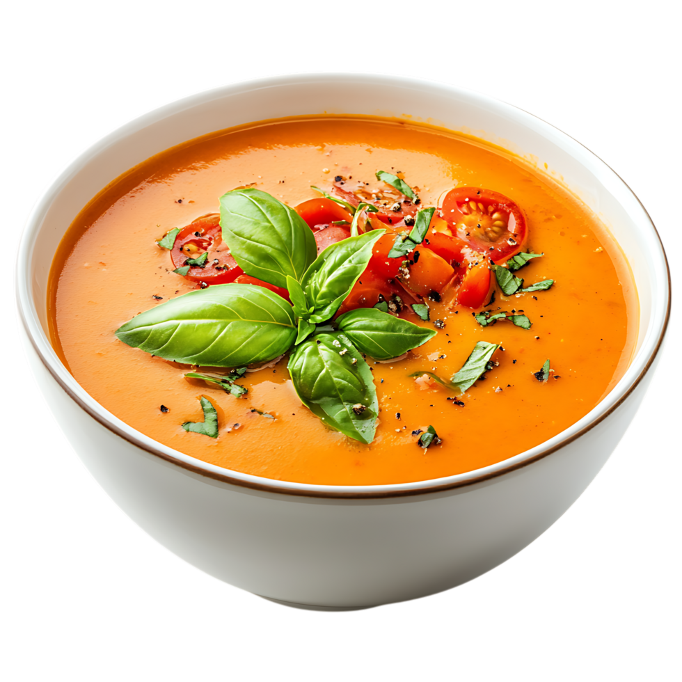 Delicious tomato soup in white bowl isolated on transparent background png