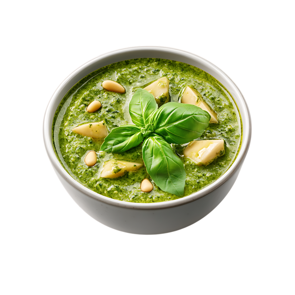 Delicious pesto bowl with cheese and pine nuts isolated on transparent background png