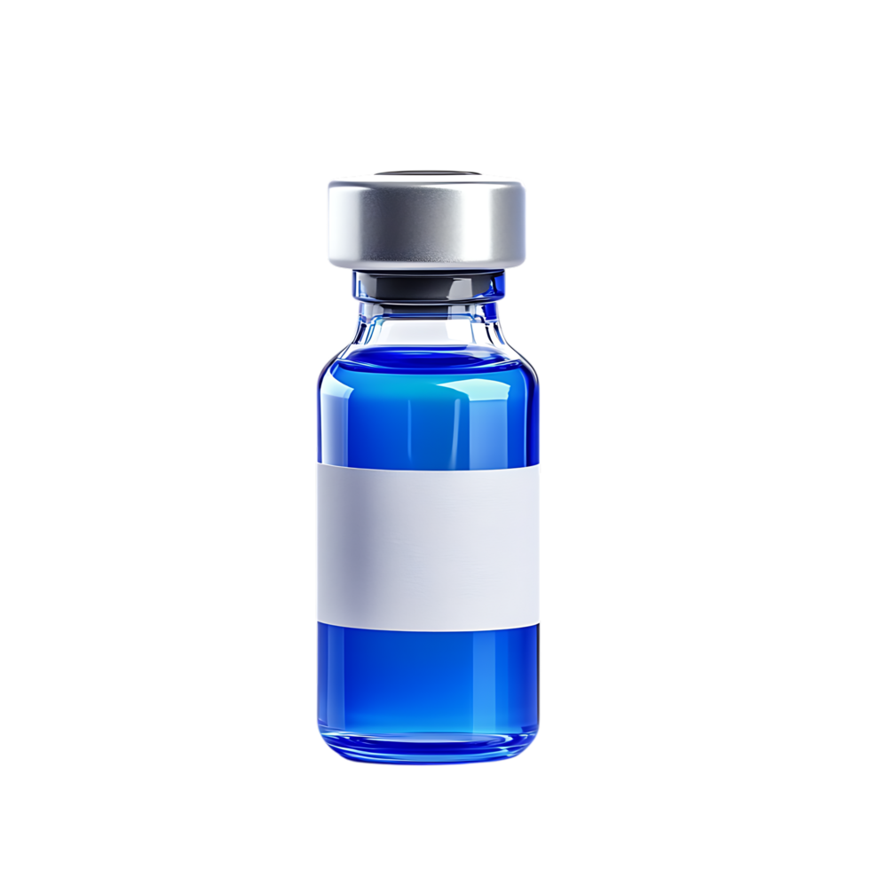 Blue vaccine vial with blank label isolated on transparent background png