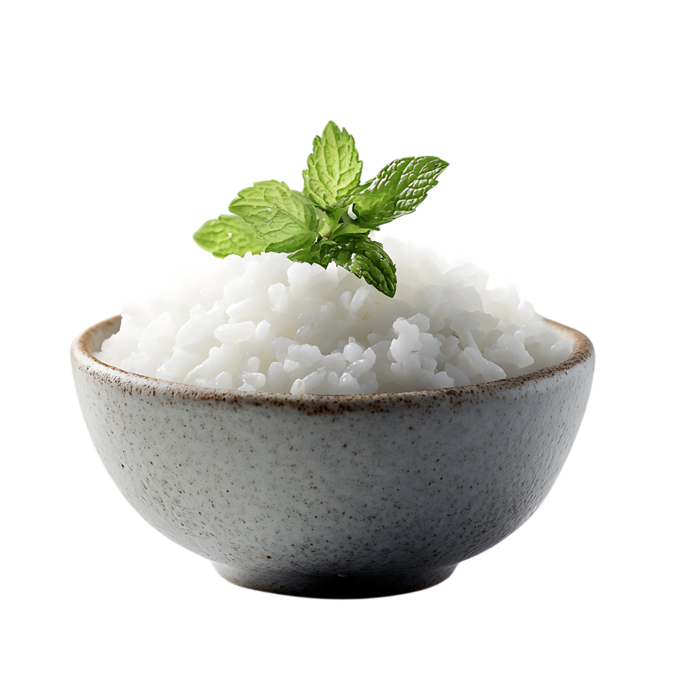 Bowl of cooked white rice with mint garnish isolated on aa transparent background png