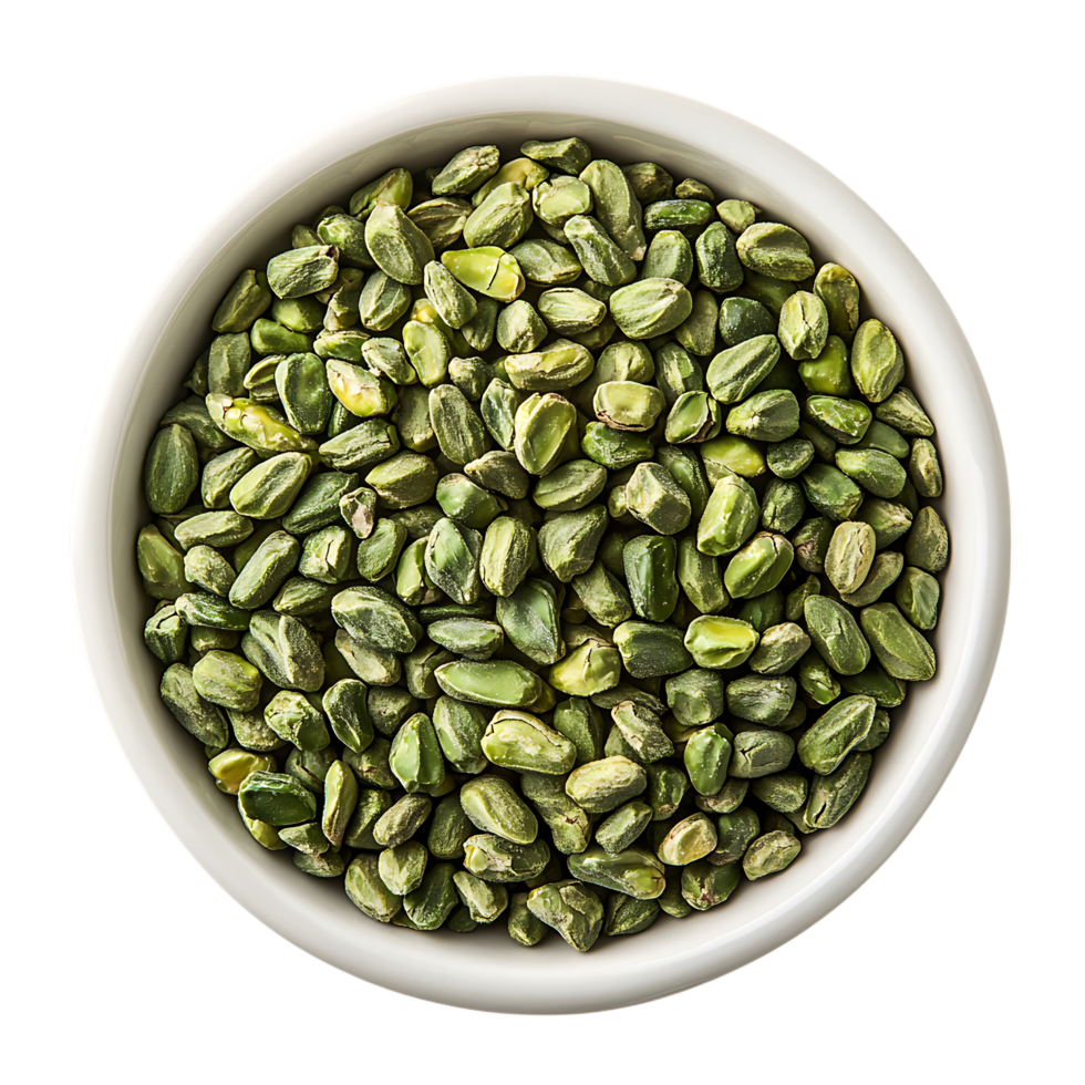 Pistachio kernels in white bowl isolated on transparent background png