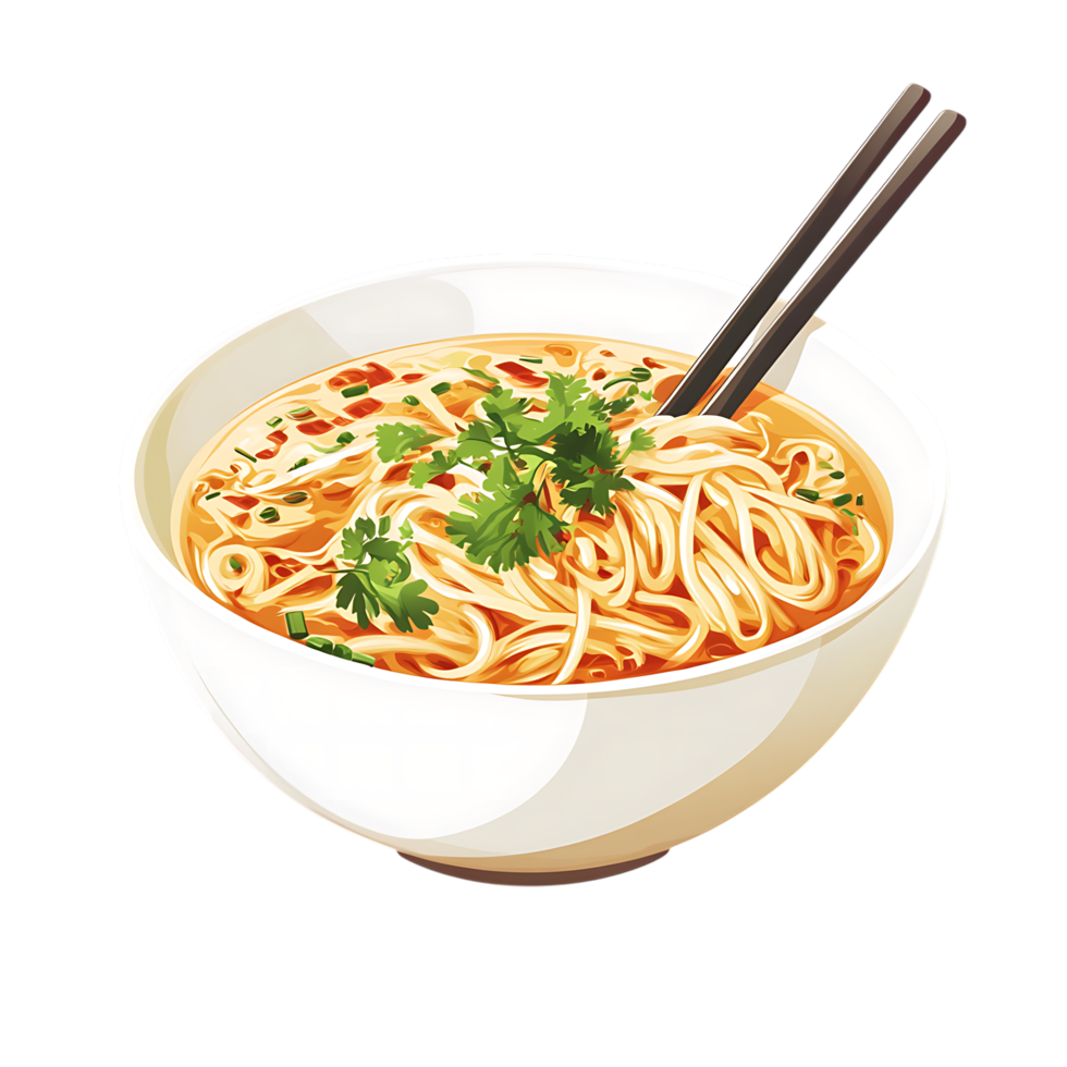 Delicious noodle soup in bowl with chopsticks isolated on transparent background png