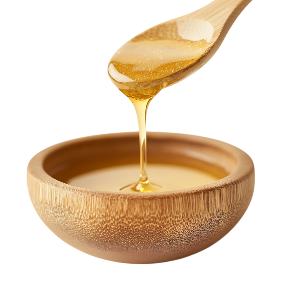 Honey pouring from wooden spoon into bamboo bowl isolated on transparent background png