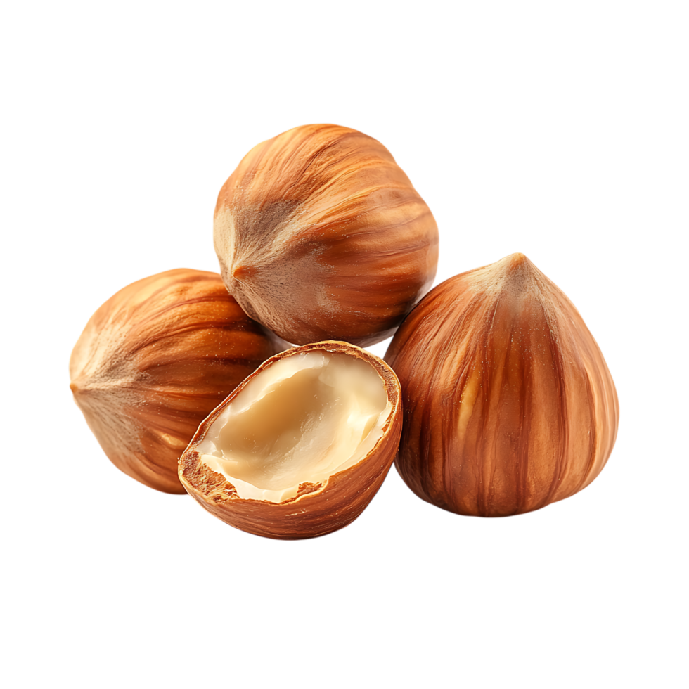 Three hazelnuts with one open isolated on transparent background png