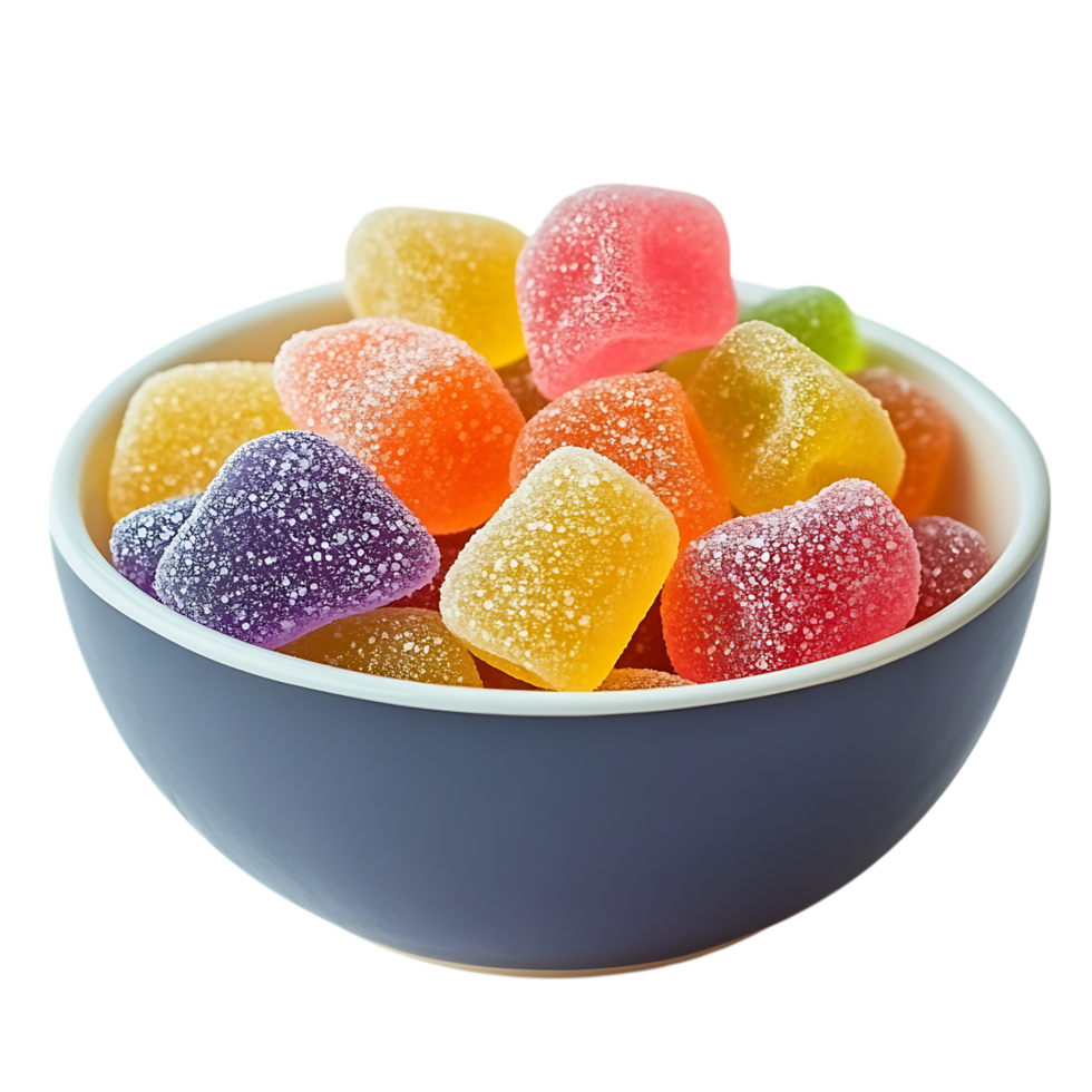 Colorful sugary gummy candies in a bowl isolated on transparent background png