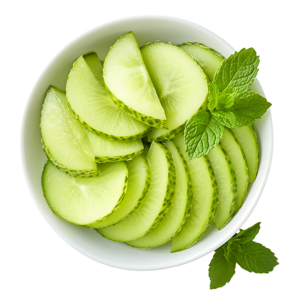Fresh cucumber slices with mint in a bowl isolated on a transparent background png